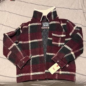 Plaid Burgundy and Black Women's Puffer Jacket
